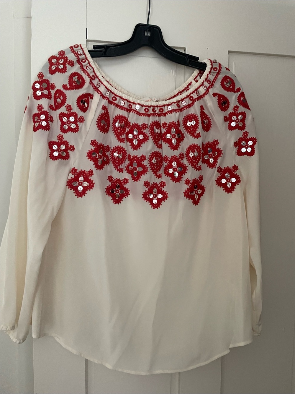 Tory Burch Cream Blouse with Red Embroidered Yoke